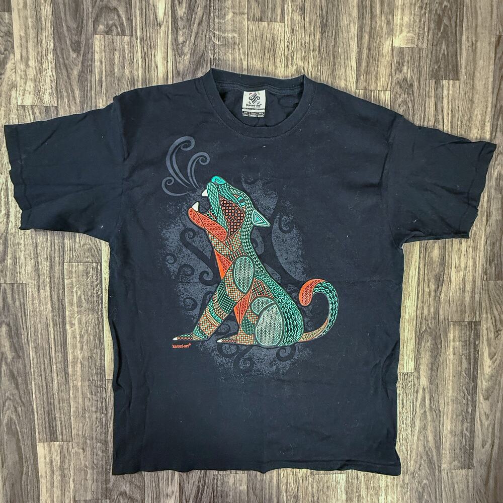 Karani-Art Large Black T-Shirt Colorful Tribal Howling Wolf Graphic 100% Cotton